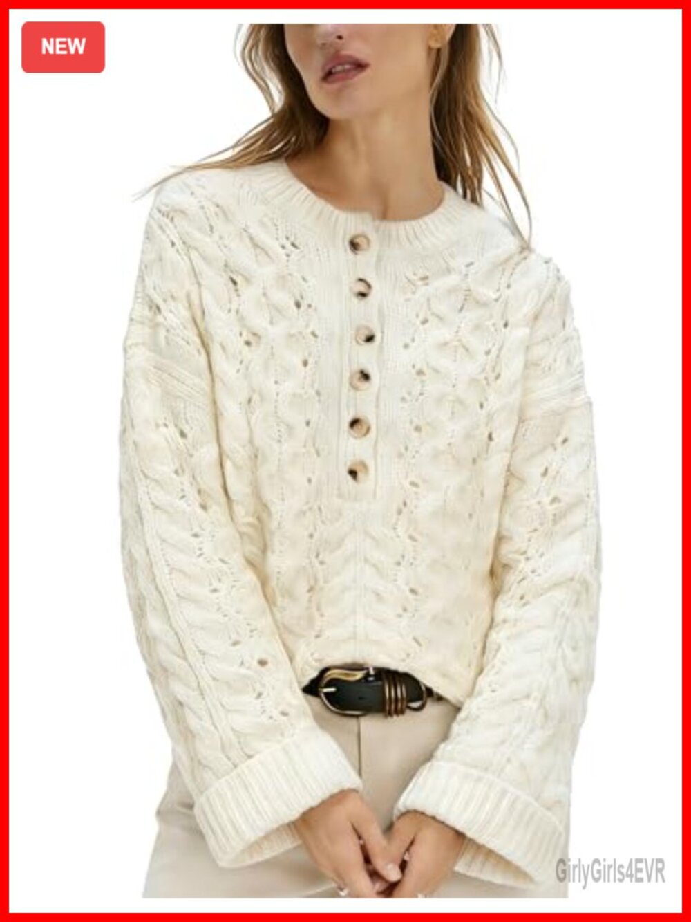 Cable Knit Henley Sweater Bell Sleeve Pullover